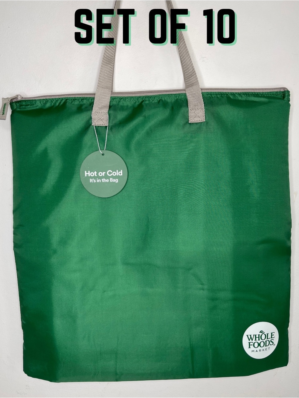 Set of 10 Whole Foods Large Slim Shopper Insulated Cooler Tote Bag Green w/ Logo